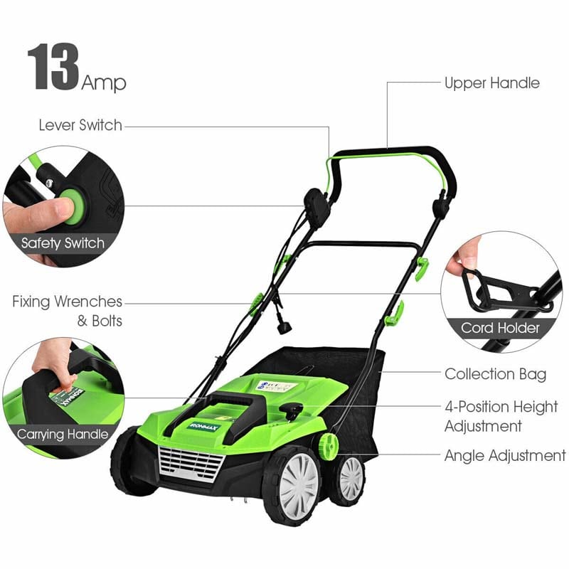 2-in-1 Electric Lawn Dethatcher & Scarifier with Folding Handle, 13 Amp 15