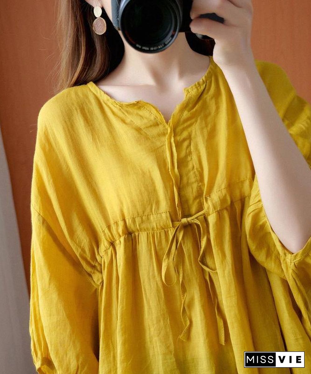 Elegant v neck drawstring blouses for women Sewing yellow top