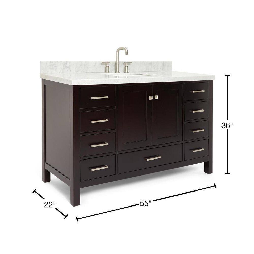 ARIEL Cambridge 55 in. Bath Vanity in Espresso with Marble Vanity Top in Carrara White with White Basin A055SCWRVOESP