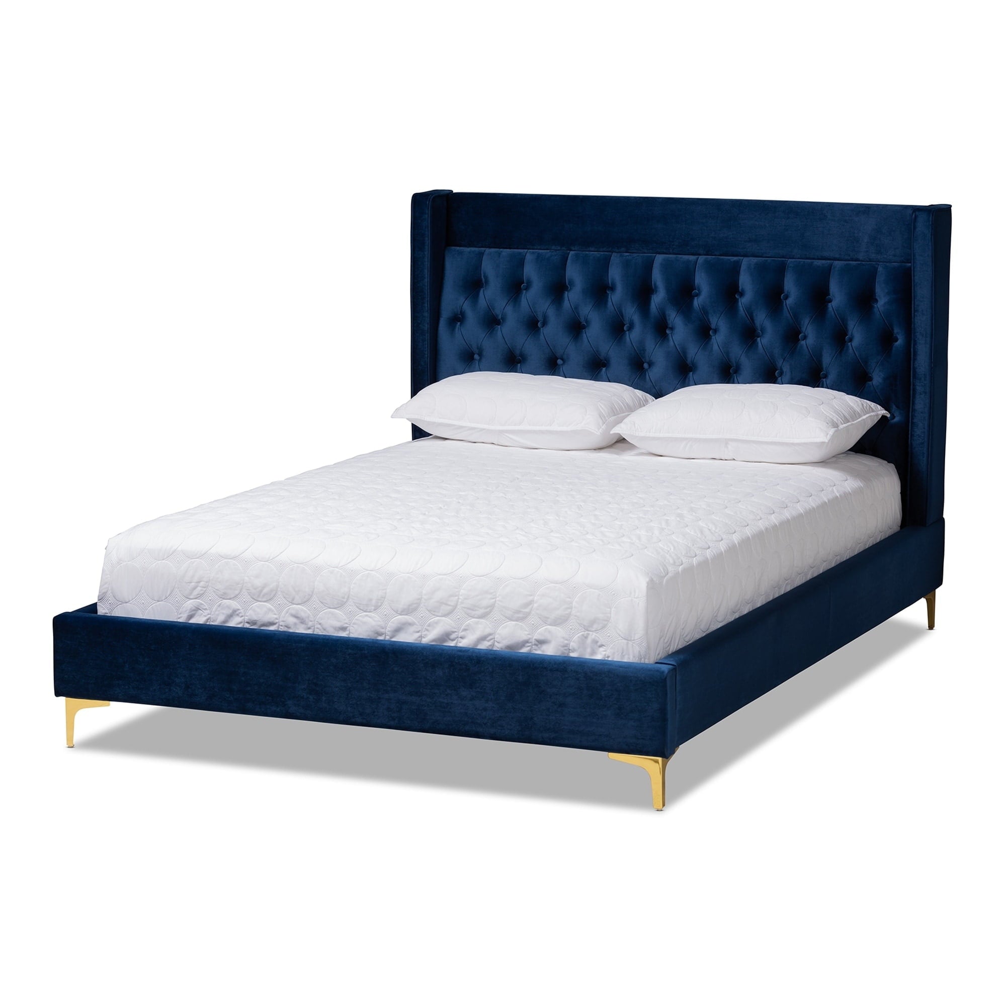 Baxton Studio Contemporary Velvet Upholstered Tufted Glam Platform Bed Blue Queen