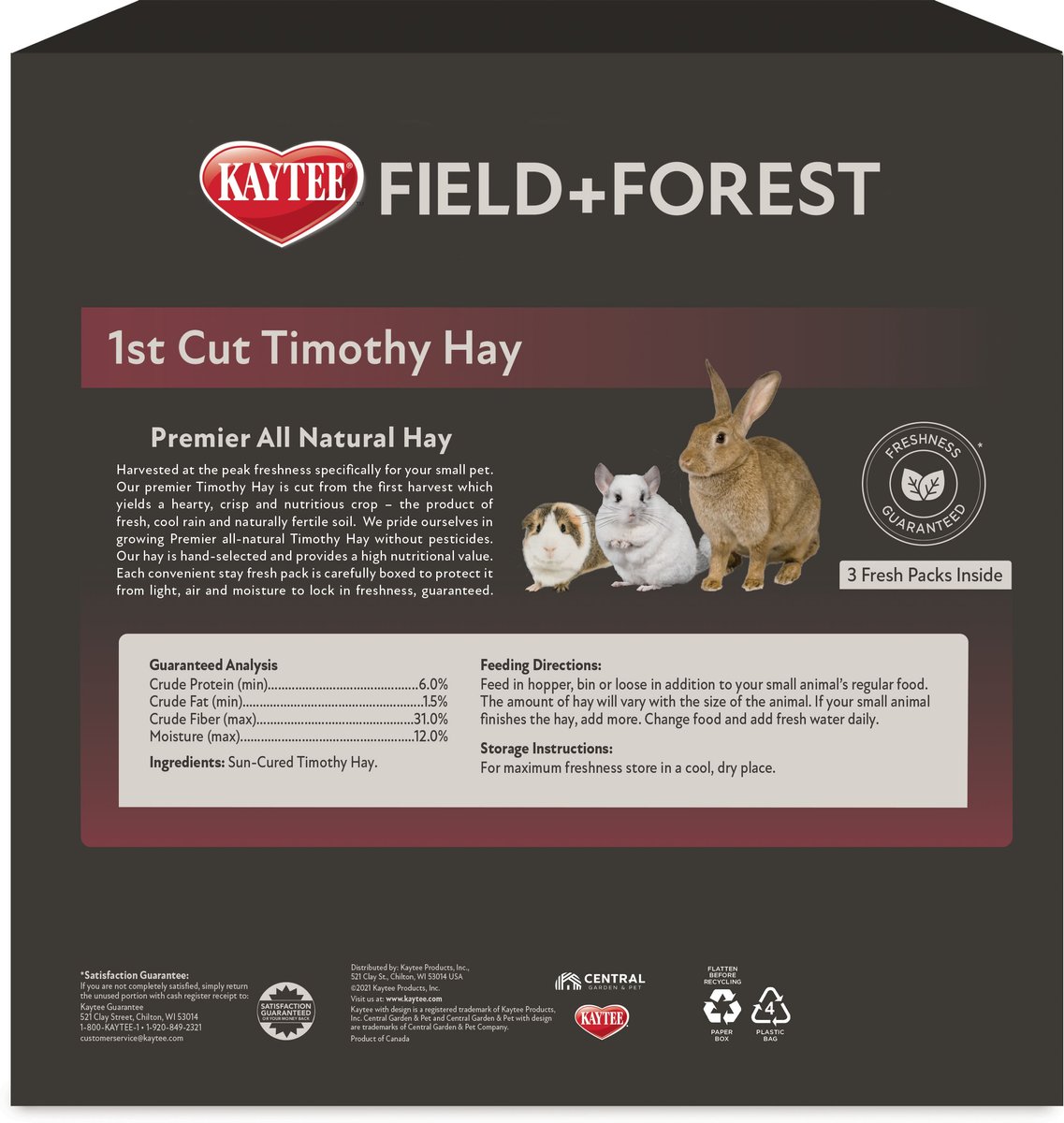 Field+Forest by Kaytee 1st Cut Timothy Small Pet Hay， 90-oz box