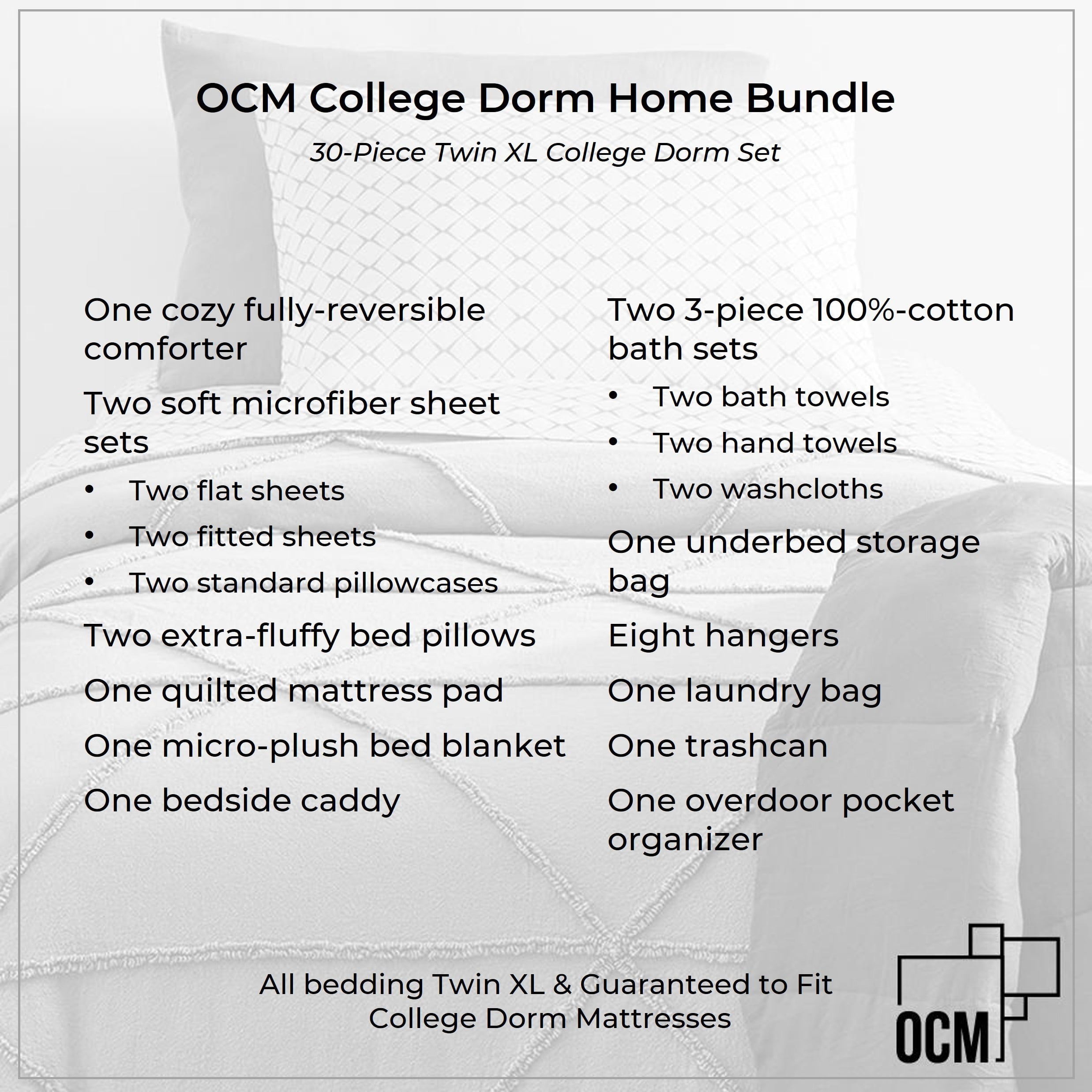 30-Piece OCM College Dorm Home Bundle in Kyla Gray， Twin XL Comforter， Sheets， Towels， Pillows， Storage， Lots of Extras