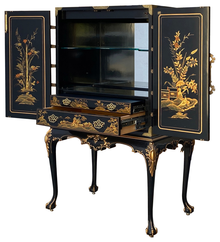 Vintage Chinoiserie Black And Gold Graphic Claw Legs Cabinet Hcs7263   Asian   Accent Chests And Cabinets   by Golden Lotus Antiques  Houzz