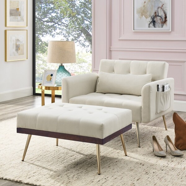 Wood Frame Recline Sofa Chair with Ottoman and 2 Arm Pocket