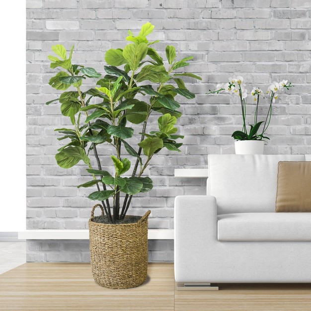 6' Artificial Fiddle Leaf Fig Tree In Basket With Handles - Lcg Florals