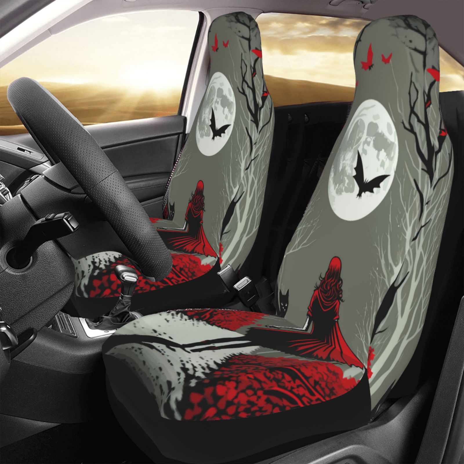 TEQUAN Front Seat Covers， Fable Wolf Girl Predator Pattern 2 Piece Car Seat Cover Fit Most Car SUV Truck Van