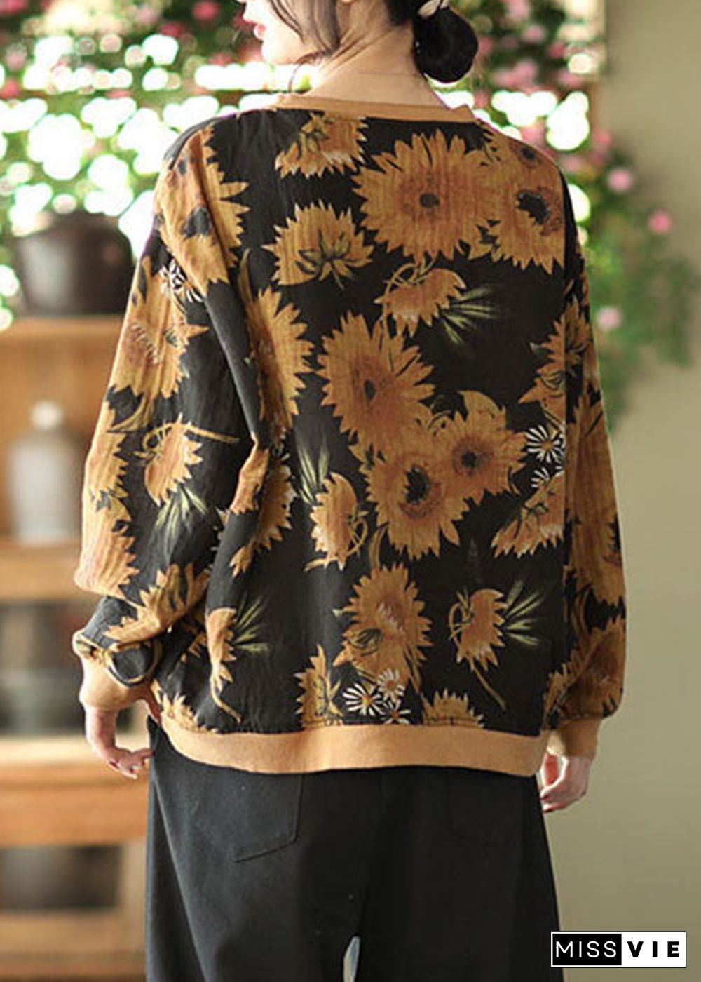 DIY Black O-Neck wrinkled drawstring Floral Print Pullover Sweatshirt Spring