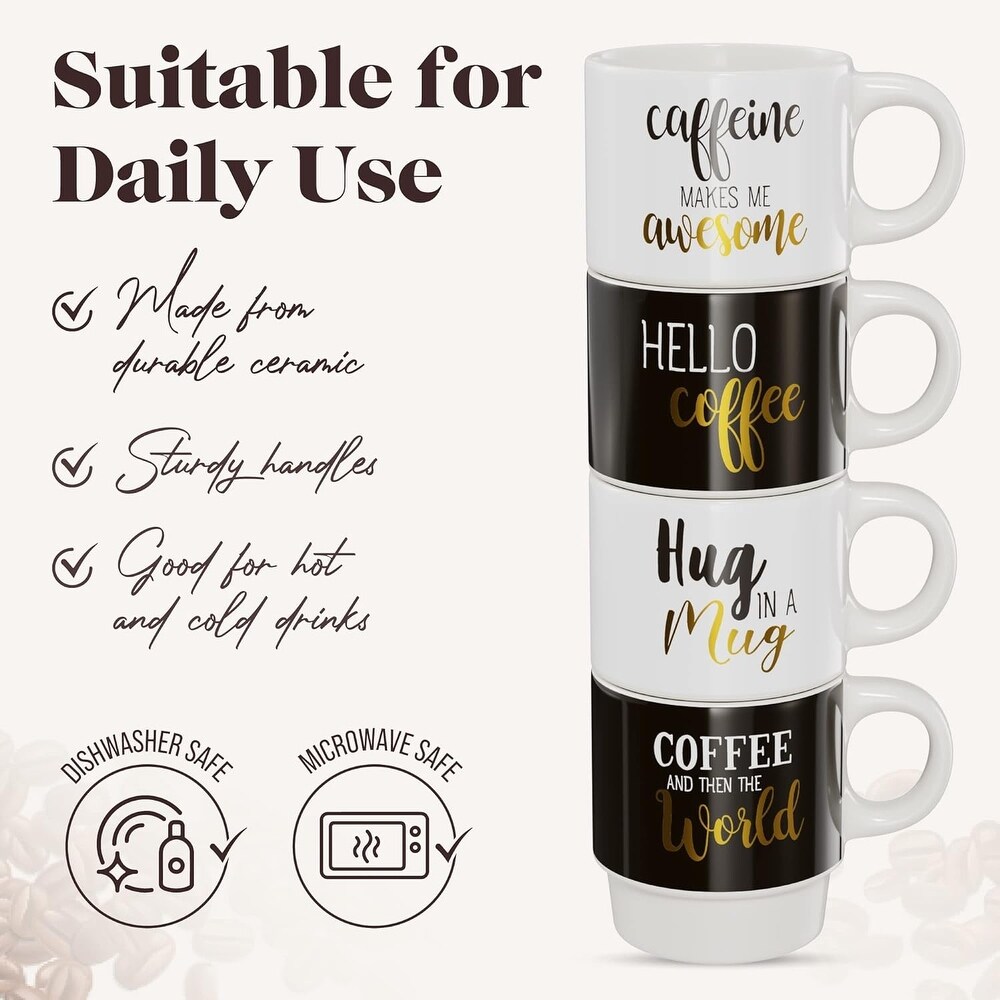 Coffee World Text Ceramic 4 Mug Set with Stackable Metal Rack