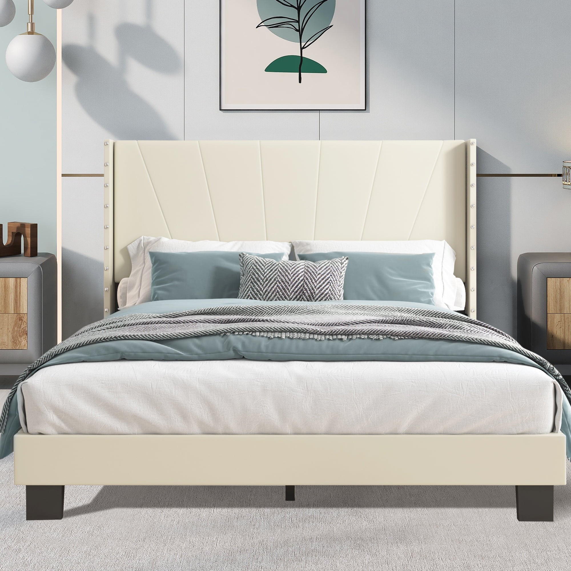 BTMWAY Full Bed Frame, Full Size Velvet Upholstered Platform Bed with Headboard, Solid Wood Frame, Modern Full Platform Bed Frame Bedroom Furniture, Holds 550lbs, No Box Spring Needed, Beige