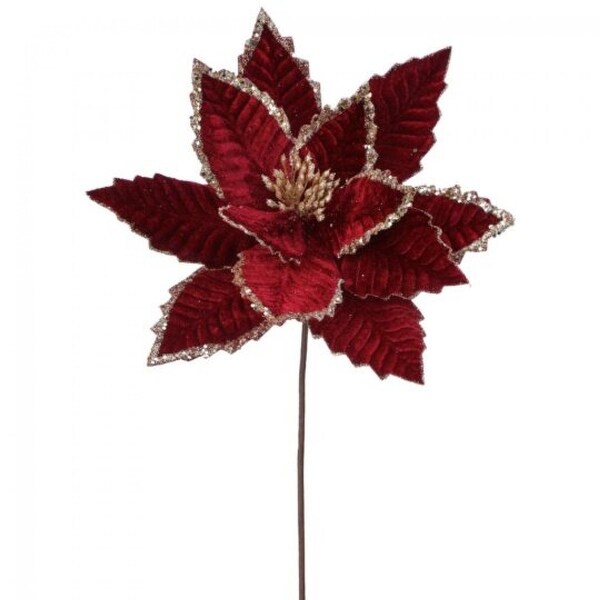 Burgundy Velvet With Gold Glitter Poinsettia Stem Artificial Flower