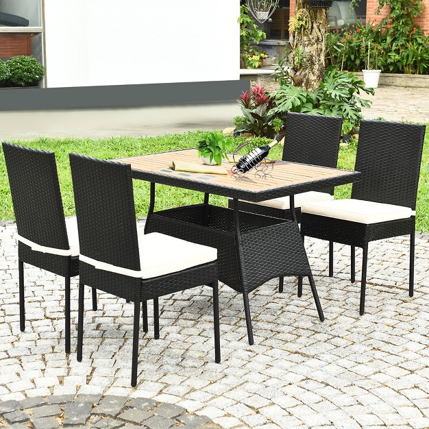 Costway 5 Pcs Patio Rattan Furniture Set Wood Top Table Cushioned Chairs Garden Yard Deck