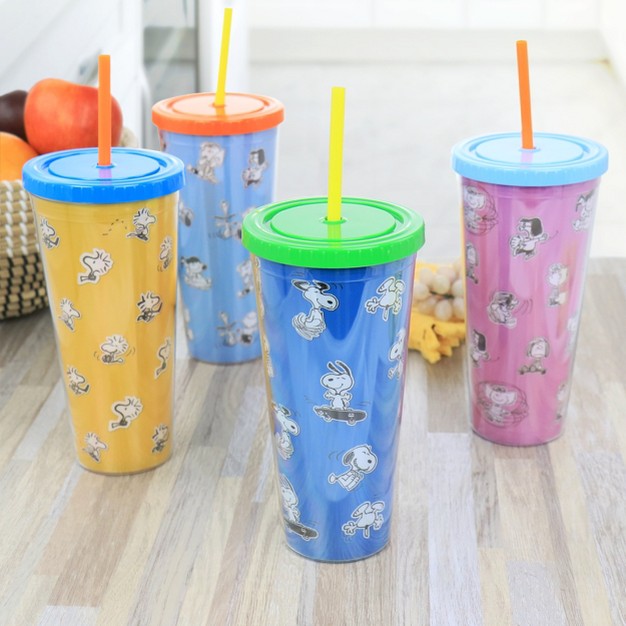 Gibson Peanuts 70th Anniversary 4 Piece Plastic 23 6oz Tumbler Set With Lid And Straw In Assorted Colors