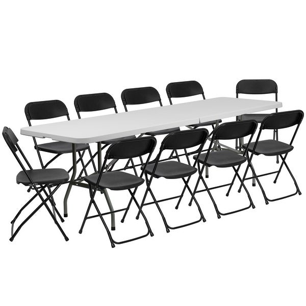 8' Bi-Fold Granite White Plastic Event/Training Folding Table Set with 10 Folding Chairs