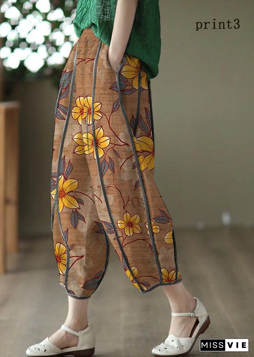 Print2 Patchwork Linen Harem Pants Pockets Striped Summer