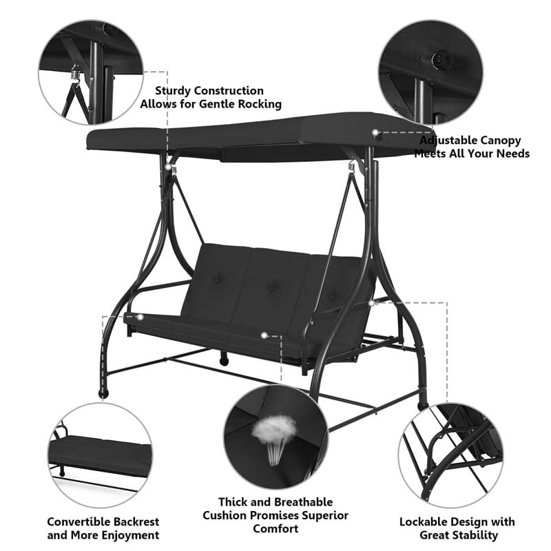 3-Seater Cushioned Metal Porch Swing with Adjustable Tilt Canopy, 2-in-1 Convertible Outdoor Patio Swing Chair Glider