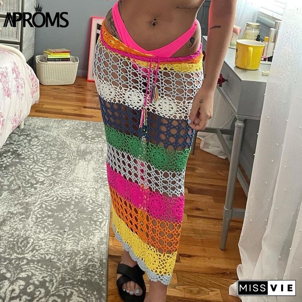 Colorful Handmade Crochet Long Maxi Skirts Women Summer Drawstring High Waist Hollow Out Beach Bikini Coverup Bottom