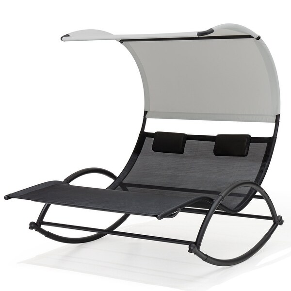 Outdoor Double Chaise Lounge Chair Rocking Lounger with Sunshade Canopy