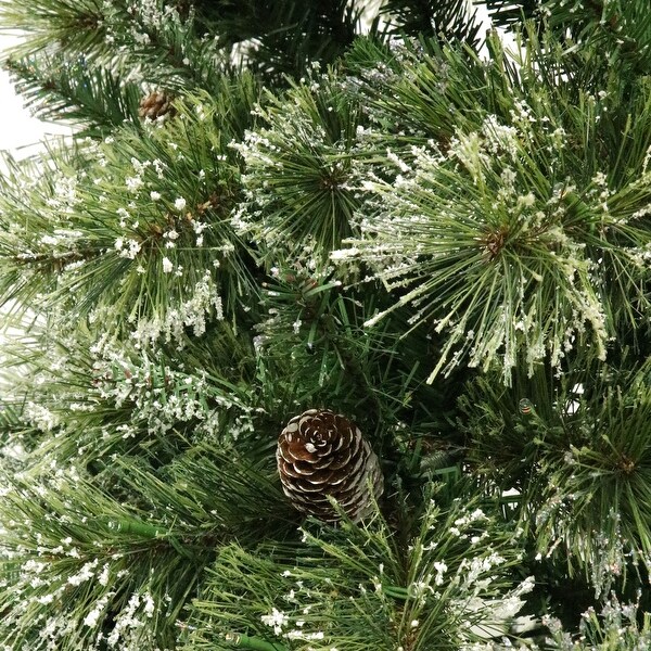 Roomfitters Artificial Christmas Tree with Multicolor LED Lights，White Ornaments，and Ribbon Topper，Frosted Pine Needles