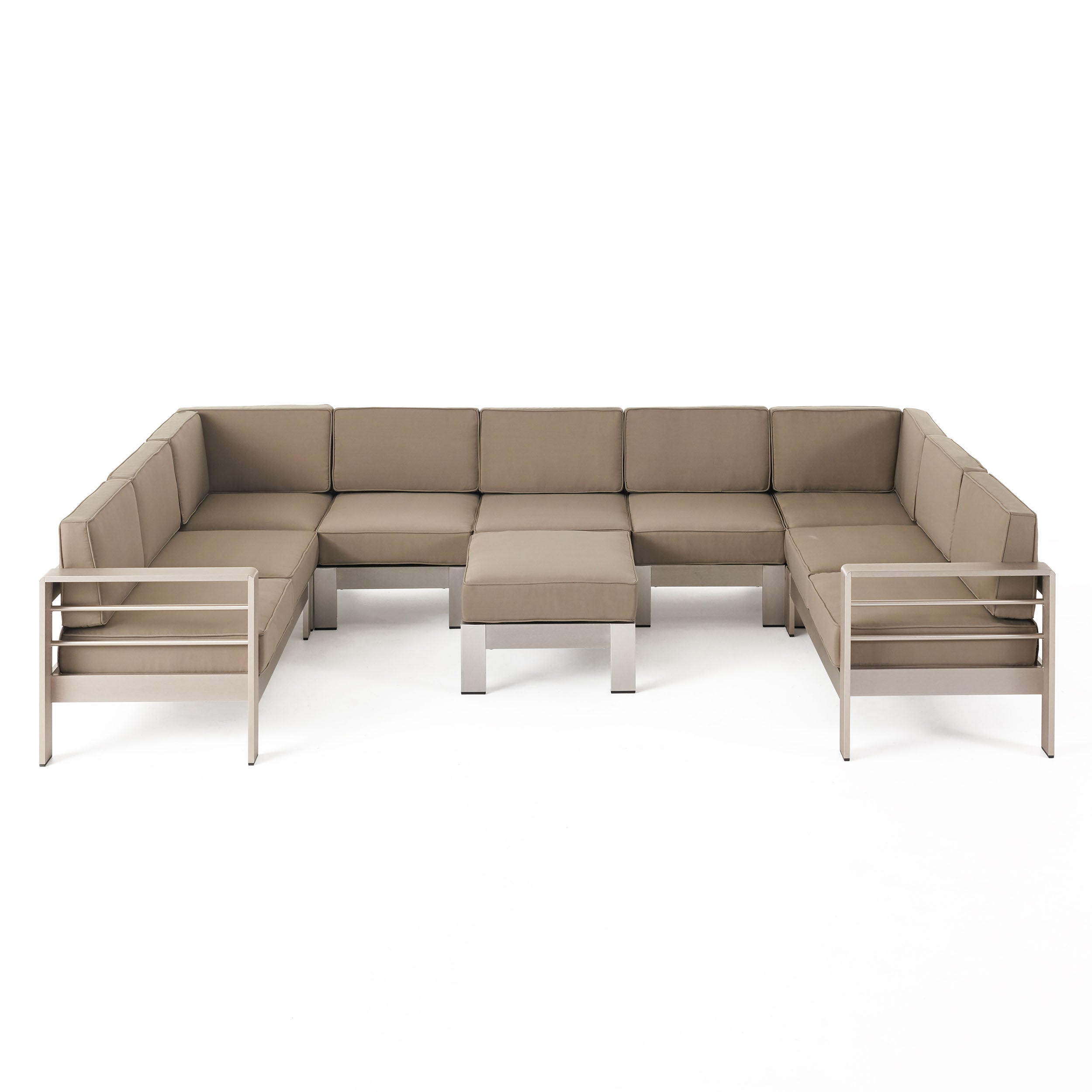 Laura Outdoor Modern 9 Seater Aluminum U-Shaped Sofa Sectional Set with Ottoman, Silver and Khaki