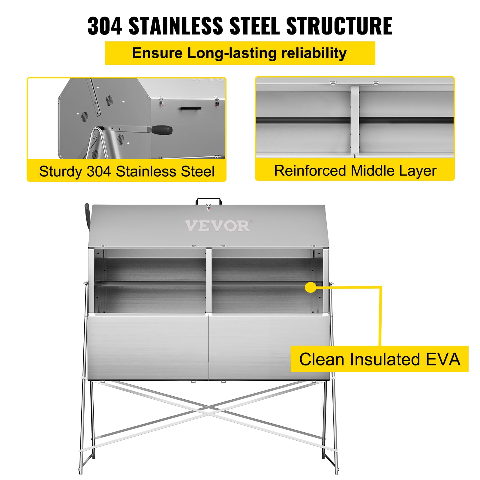 VEVOR Compost Tumbler, 71 US Gallons, Rustproof Stainless Steel Dual-chamber Garden Composter, Heavy-duty, All-season Outdoor Compost Bin, Fast-working System for Composting Kitchen ＆ Yard Waste