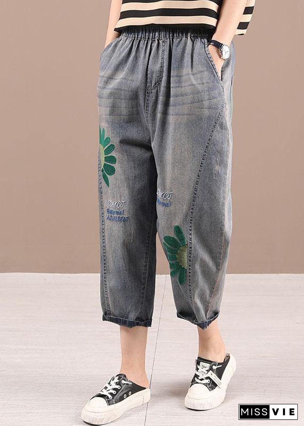 Organic Blue Embroideried Summer Regular Denim Pants