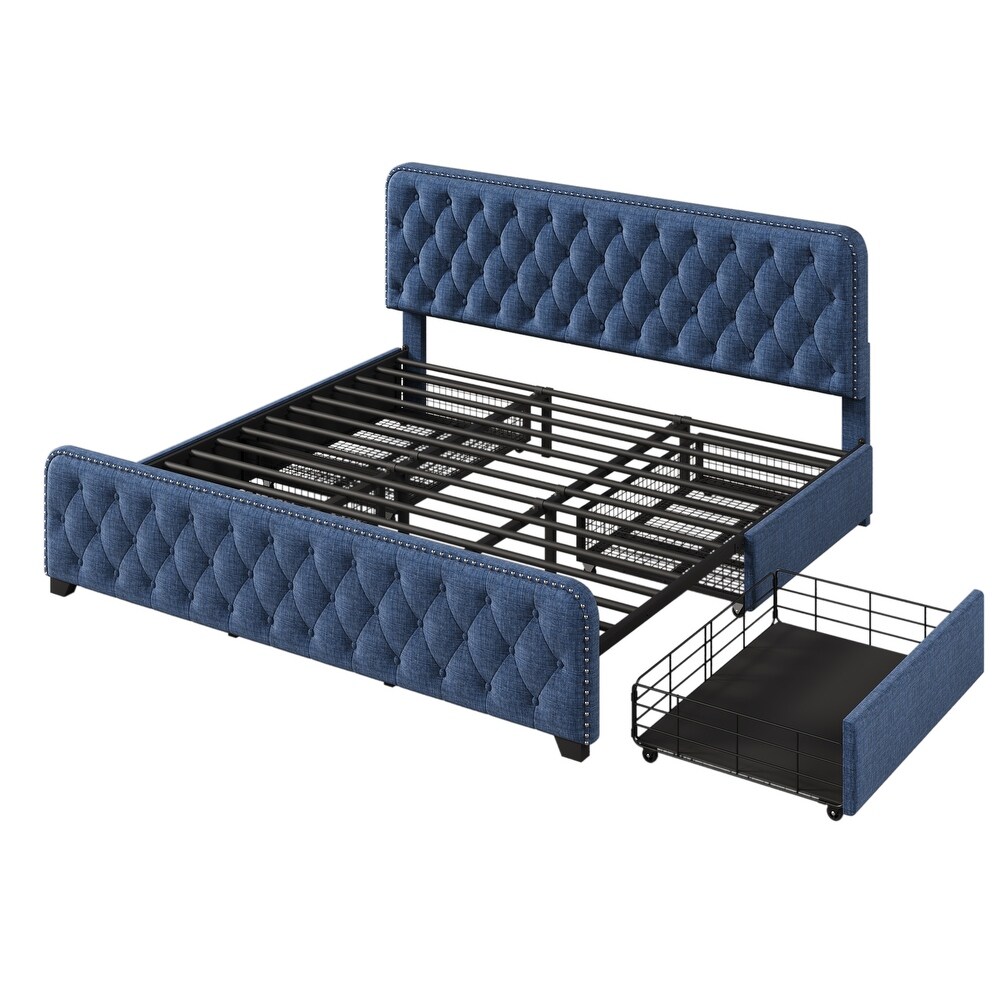 Upholstered Platform Bed Frame with Four Drawers Tufted Headboard and Footboard