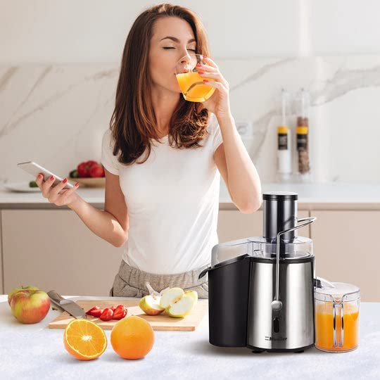 Mueller Juicer Ultra Power， Easy Clean Extractor Press Centrifugal Juicing Machine， Wide 3 Feed Chute for Whole Fruit Vegetable， Anti-drip， High Quality， Large， Silver