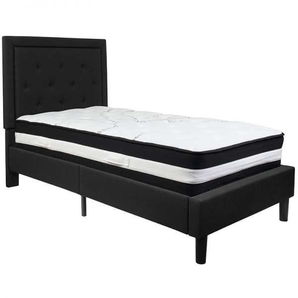 Roxbury Twin Size Tufted Upholstered Platform Bed in Black Fabric with Pocket Spring Mattress