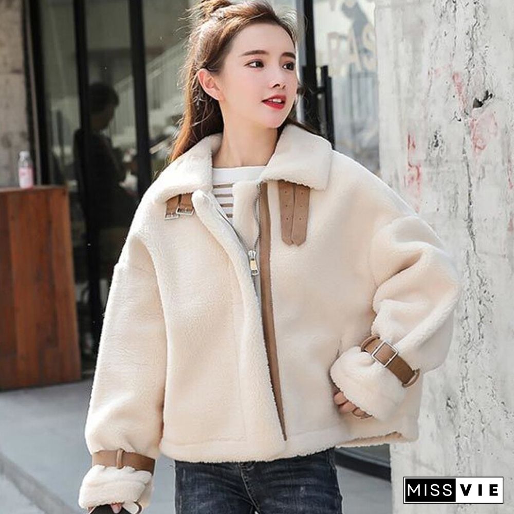 Winter Warm Fur Coat Women Loose Casual Elegant Wool Coats Solid Lady Jacket Turndown Collar Outwear Korean Fashion New