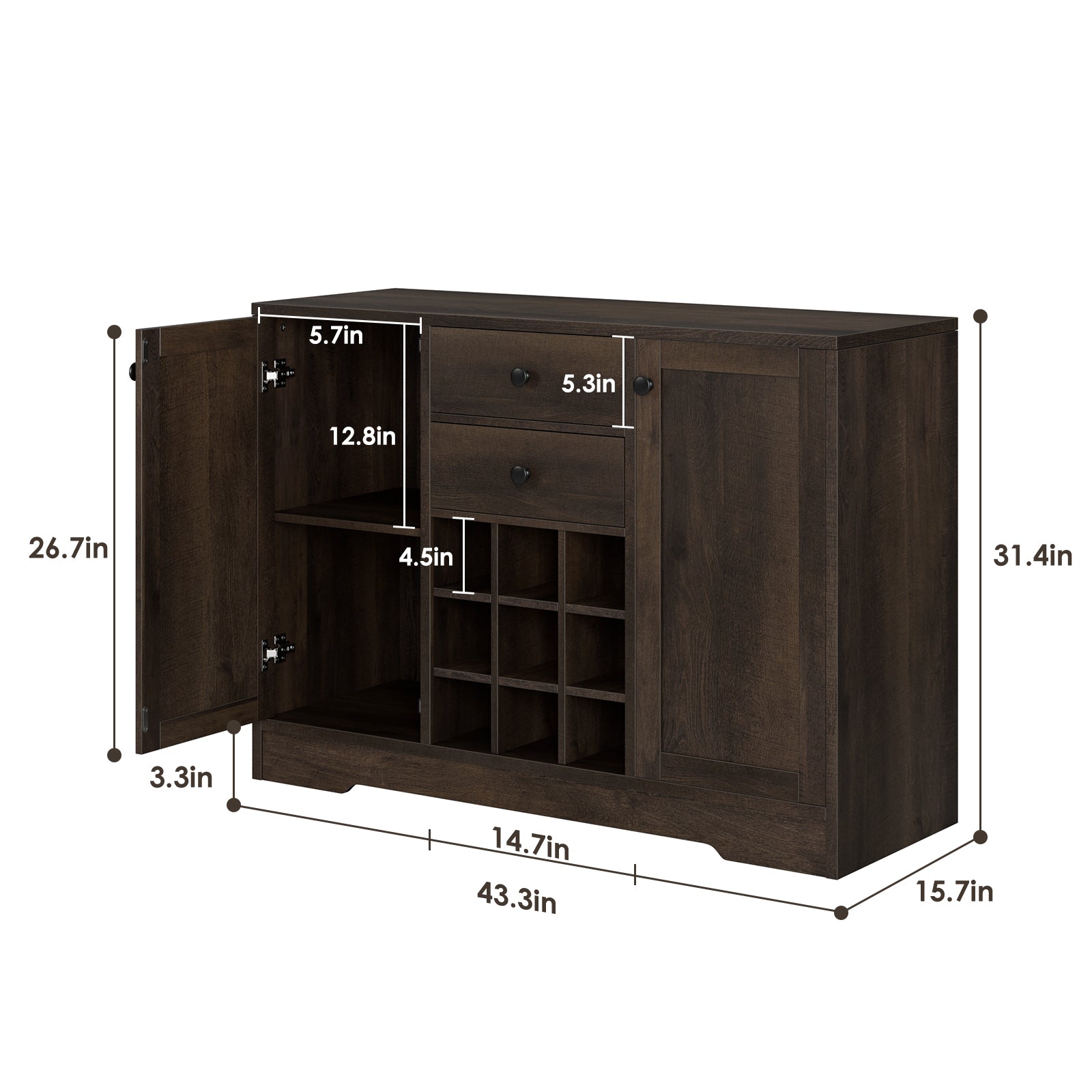 Coffee Bar Cabinet Kitchen 43-inch Buffet Cabinet with Storage, Drawers, Adjustable Shelves, and Wine Rack