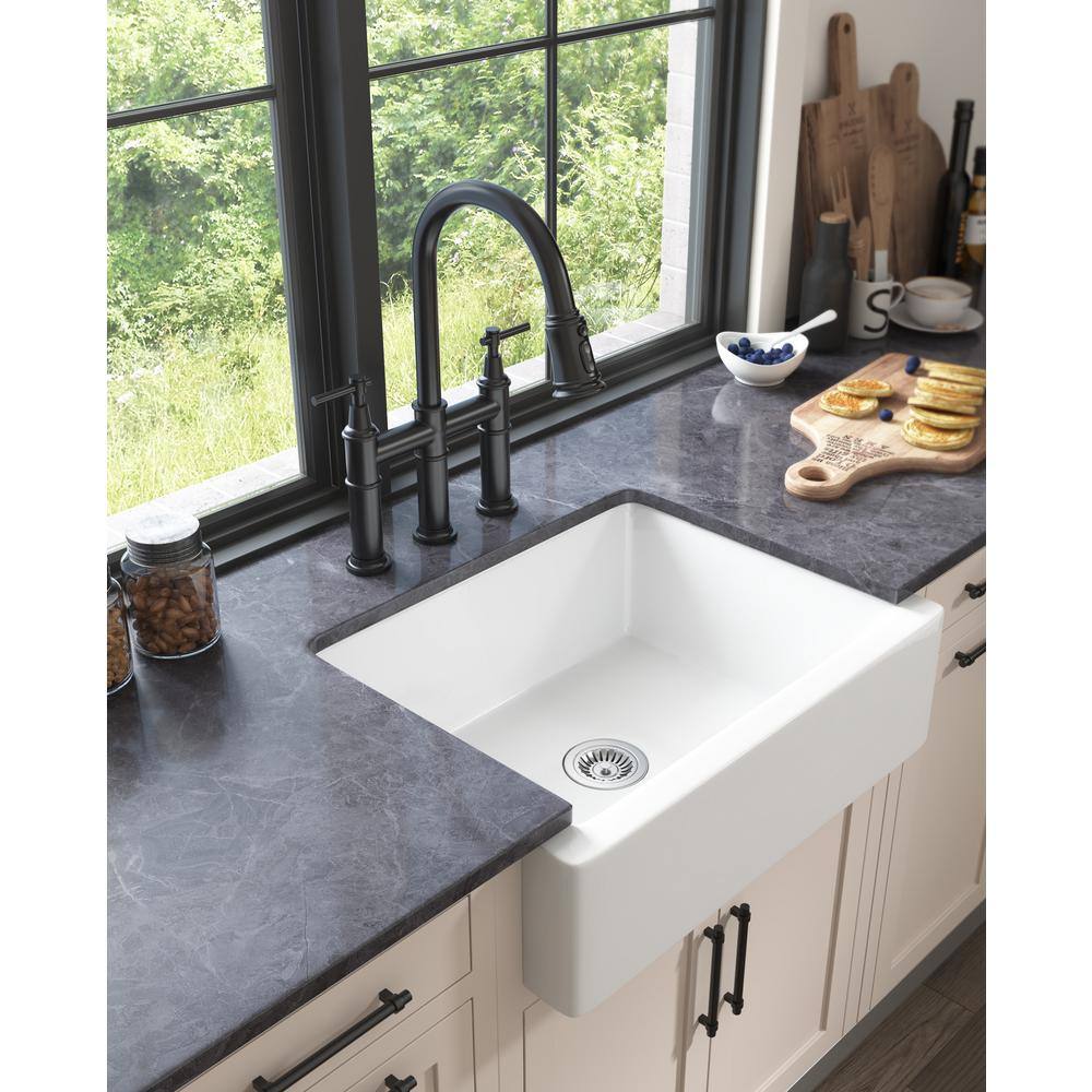 EAKYHOM Farmhouse Apron Front Fireclay 24 in. Single Bowl Kitchen Sink in White ECKSDL2419-DT