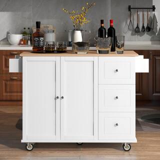 HwoamneT White Kitchen Island with Solid Wood Top Locking Wheels Storage Cabinet Drop Leaf Breakfast Bar Towel Rack Drawers SH#WF287035WH