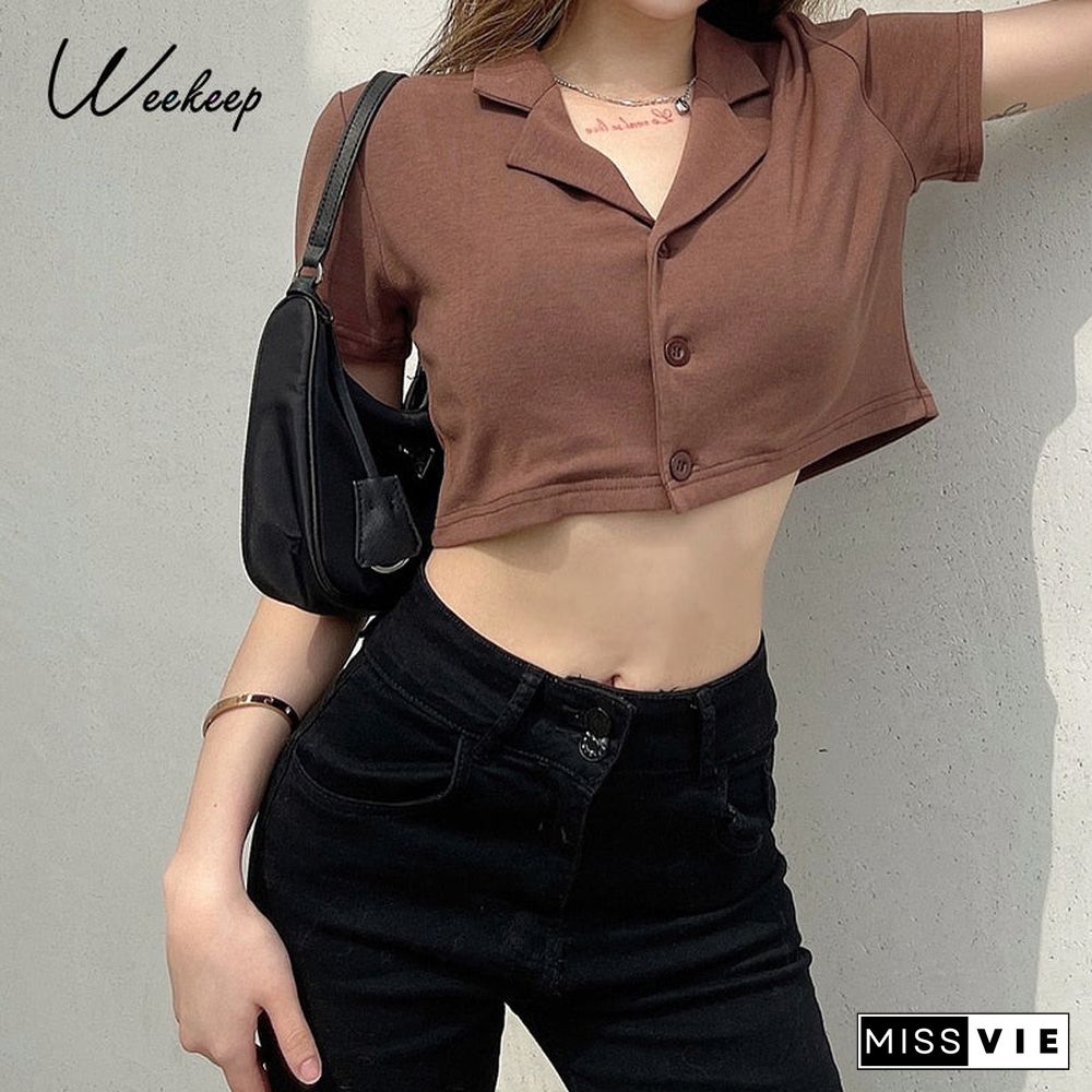 Weekeep Brown Summer Short Sleeve Cardigan Vintage Turn-down Collar Buttons Crop Top Women's Loose Streetwear Tee Shirt Harajuku