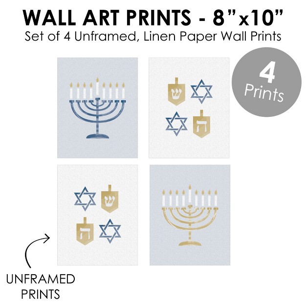 Big Dot Of Happiness Happy Hanukkah Unframed Menorah And Dreidel Chanukah Holiday Linen Paper Wall Art Set Of 4 Artisms 8 X 10 Inches