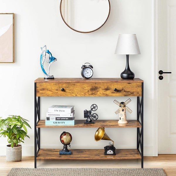 Industrial Style 3-Tier Console Table with Drawer and Shelves