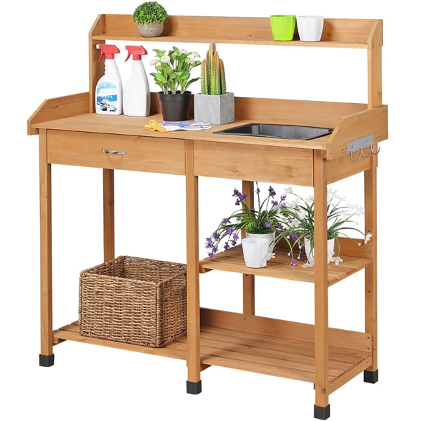 SmileMart Wooden Potting and Planter Workbench with Removable Sink Drawer