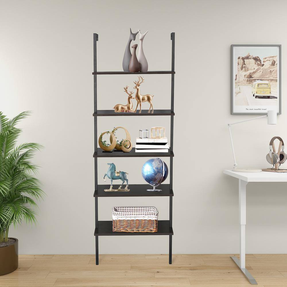 Outopee Industrial 72 in. Black MDF 5-Shelf Standard Bookcase with Storage Shelves 302992574102