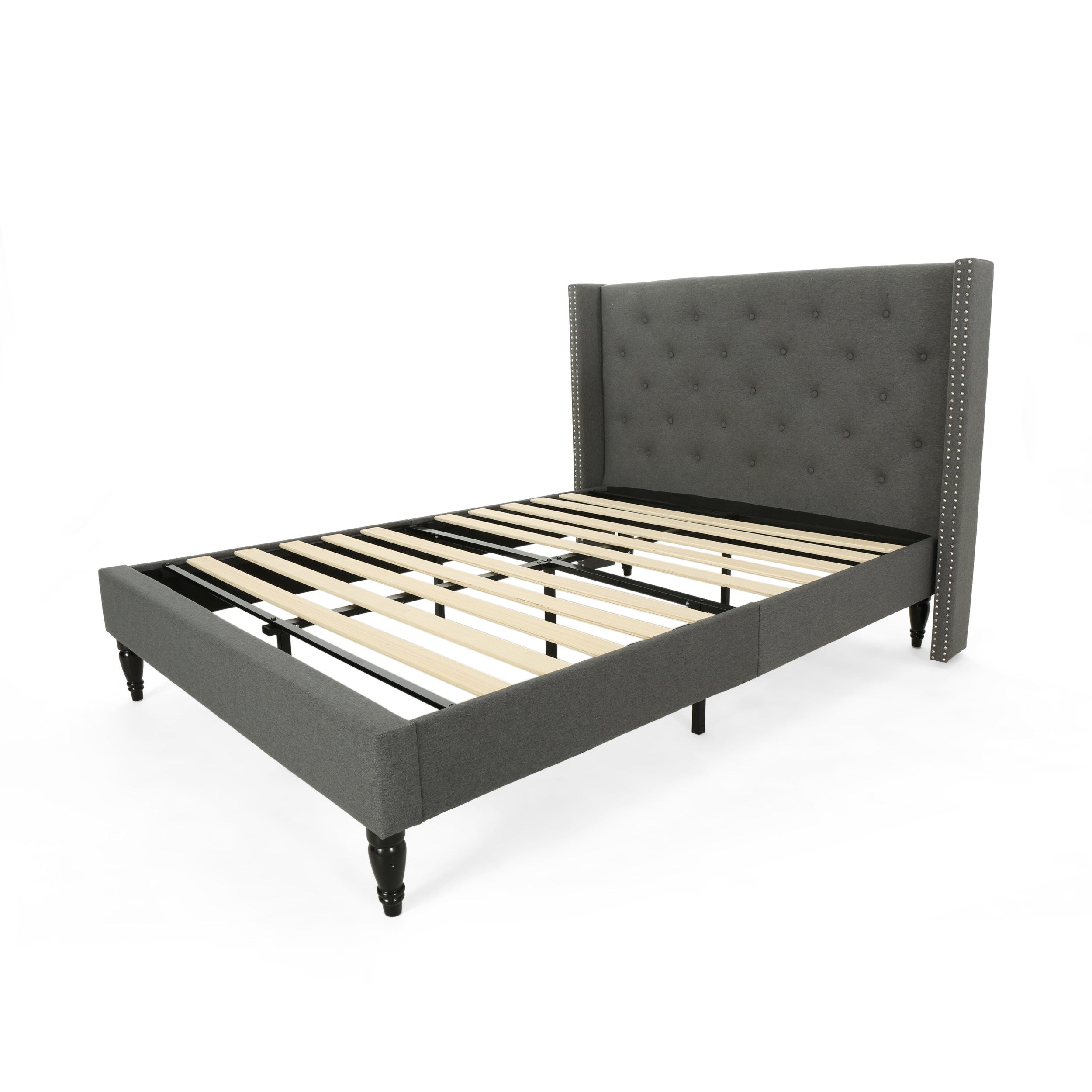 Ray Contemporary Rhinestone-Tufted Wingback Bed Frame with Nailhead Trim