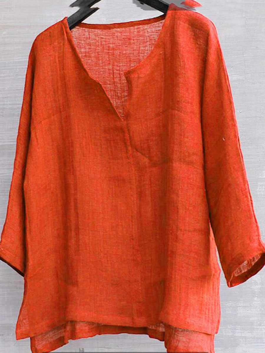 Cotton And Linen Solid Color V-Neck Blouse