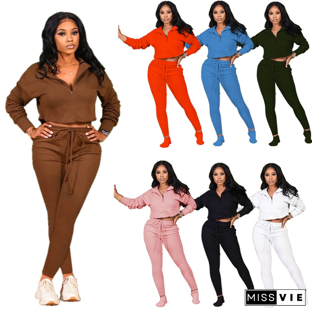 Autumn Women Casual Solid Long Sleeve Top Pants Tracksuit