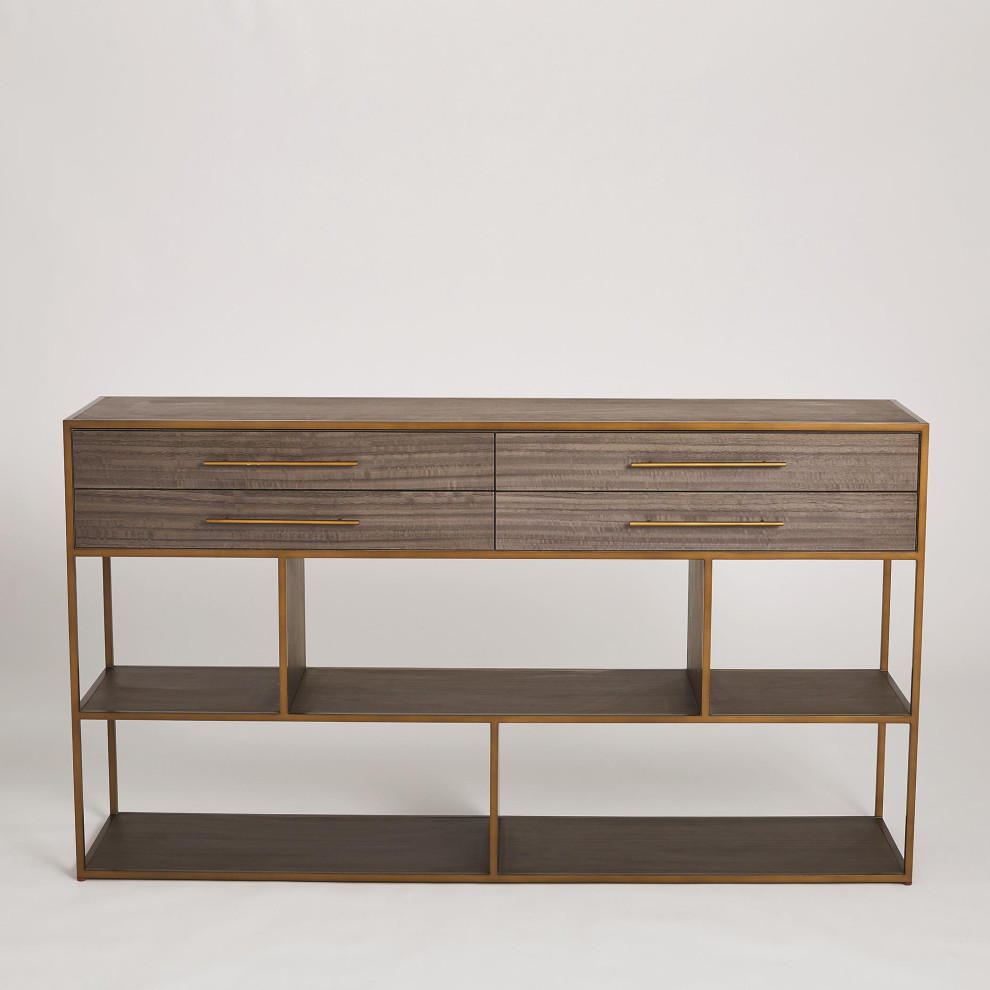 Mid Century Modern Console Table with Drawers Divided Shelves Wood Brass Retro   Contemporary   Console Tables   by My Swanky Home  Houzz