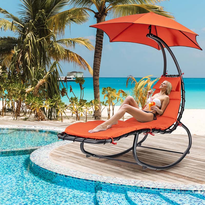 Full-Padded Hammock Chair Swing Patio Sun Lounger with Shade Canopy, Outdoor Chaise Lounge Hanging Chair for Pool Beach Deck