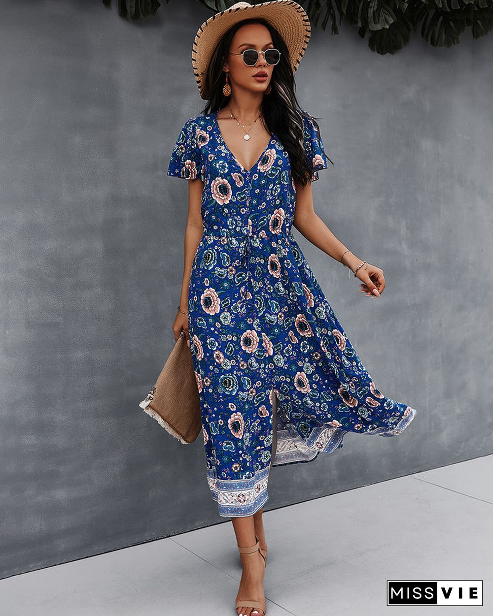 Side Split V Neck Floral Short Sleeve Maxi Dress