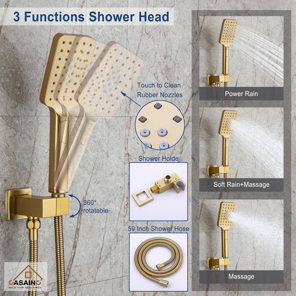 CASAINC 1-Handle 3-Spray Pattern 10 in Wall Mount Shower Head Tub and Shower Faucet Brushed Gold (Valve Included) DB-98103LSJ-10