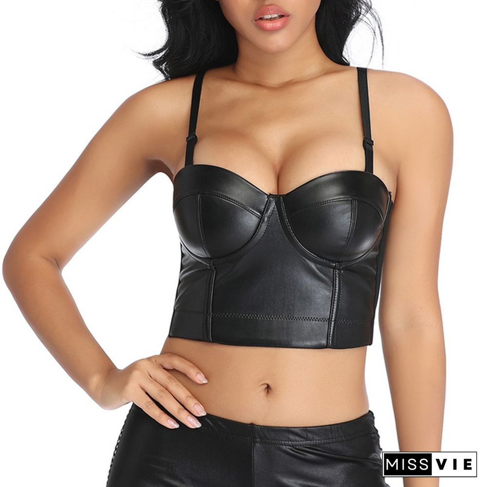 Plus Size PU Leather Crop Top Gothic Punk Push Up Women's Korsett Top Bra Black Club Party Crop Top Racer Sports