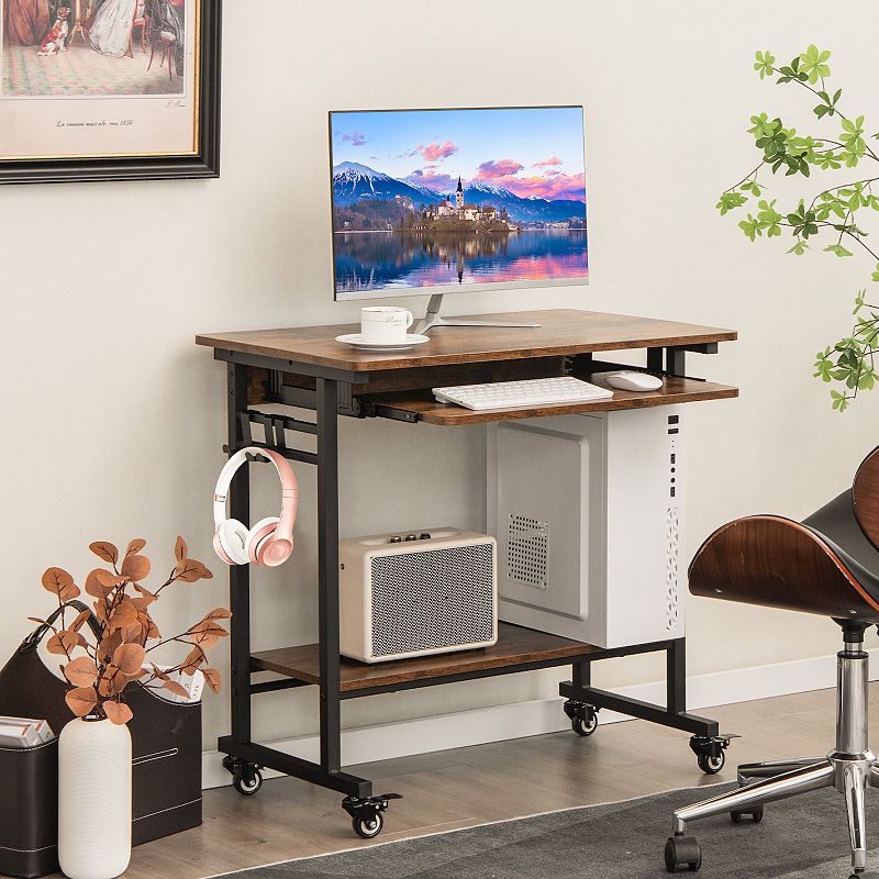 Rolling Laptop Table With Pull-out Keyboard Tray And Hooks-Rustic Brown