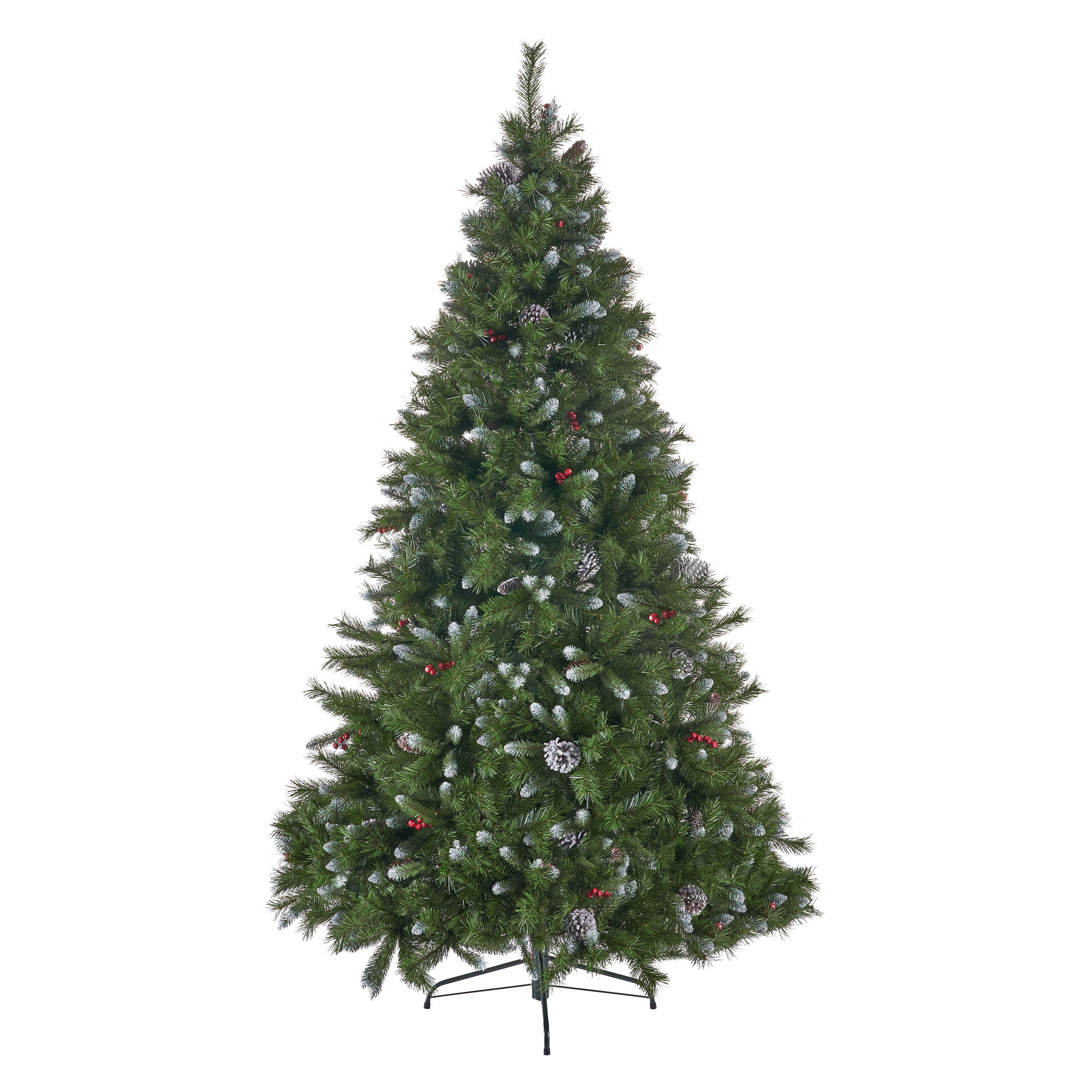 7-foot Mixed Spruce Hinged Artificial Christmas Tree with Frosted Branches, Red Berries, and Frosted Pinecones