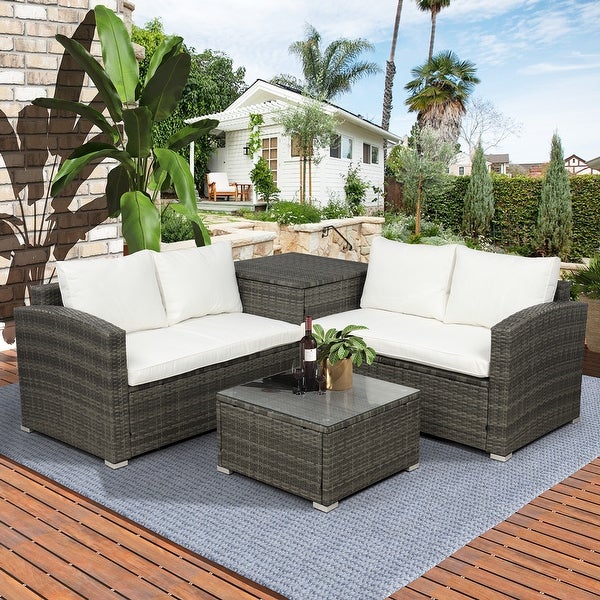 4 Pieces Outdoor Patio Furniture Set with Storage Box and Coffee Table， PE Rattan Wicker Sectional Sofa Set with 4 Back Cushions - Overstock - 37928674