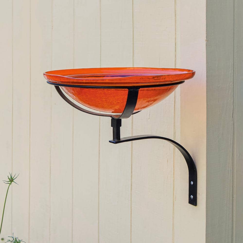 ACHLA DESIGNS 12.5 in. Dia Mandarin Orange Reflective Crackle Glass Birdbath Bowl with Wall Mount Bracket CGB-06M-WM