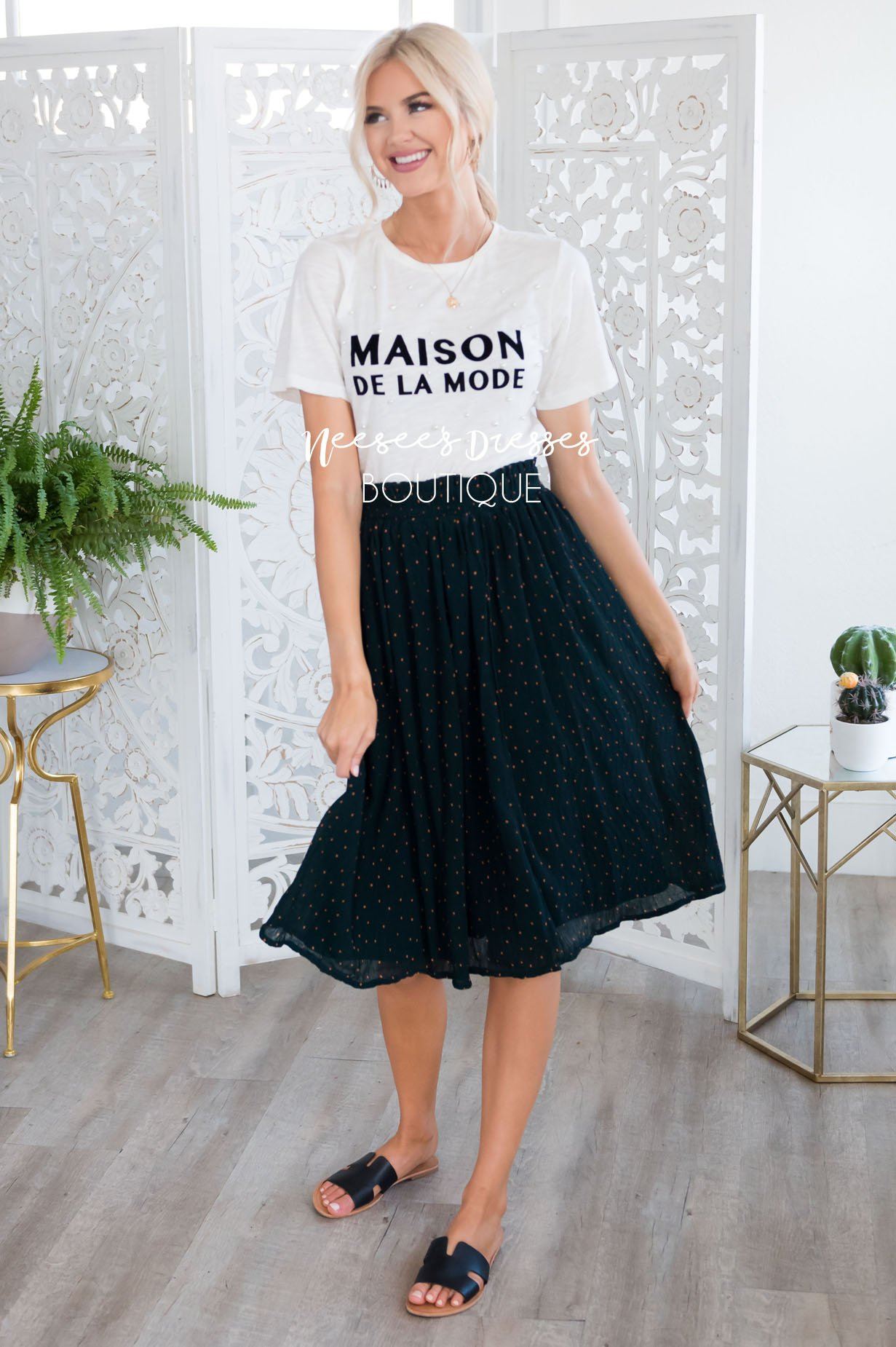 Dot Crepe Smocked Waist Skirt